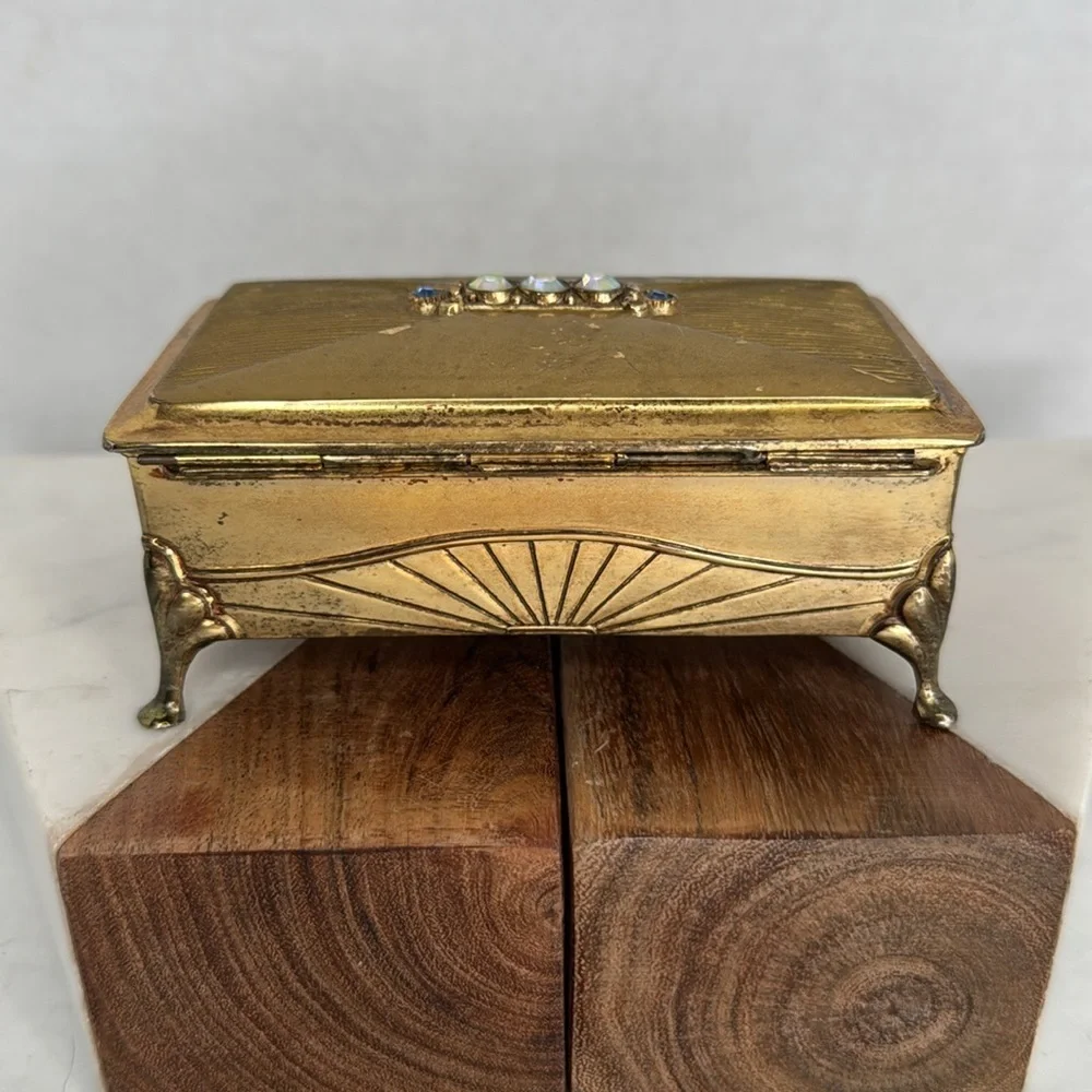 Estate Brass Jewelry Velvet Lined Casket with Gem Accents